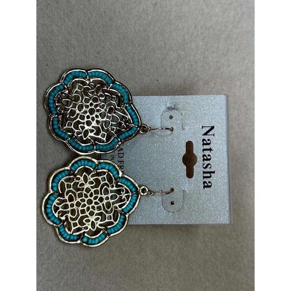 Turquoise Beaded Gold Filigree Flower Dangle Earrings Boho NWT New Jewelry Gift